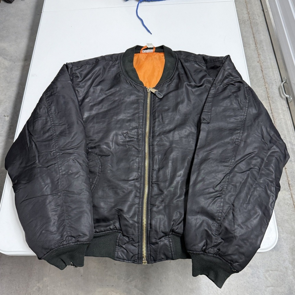 Vintage MA-1 Bomber Jacket Mens XL Black Good Reversible Orange Lining Military
